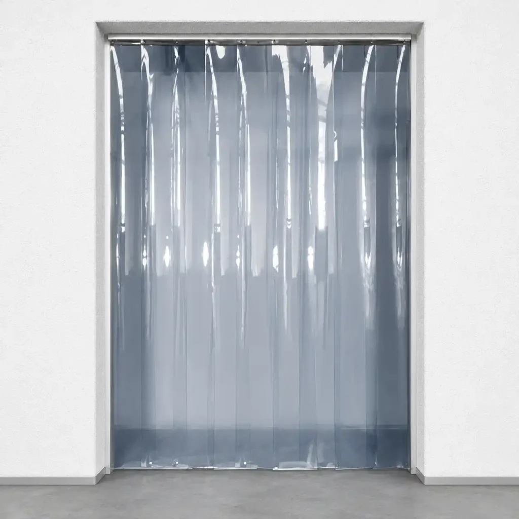Clear PVC strip curtain for commercial entryway.