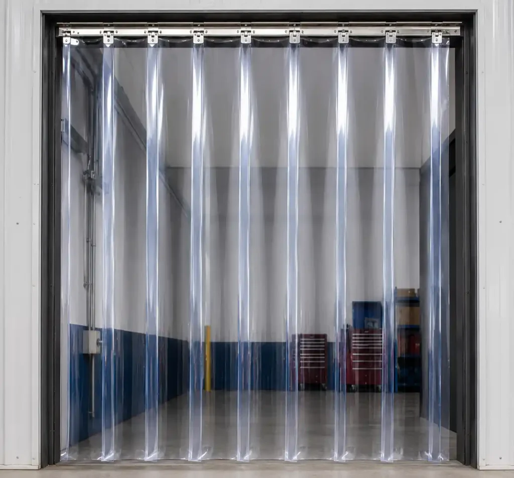 Transparent PVC strip curtain installed on indoor doorway.