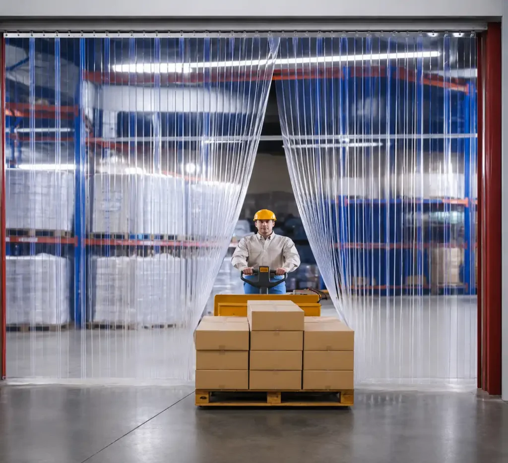 Worker passing through plastic curtains in Riyadh warehouse.