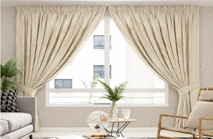 Premium beige living room curtains by Curtain Suppliers in Riyadh with elegant modern drape styling.