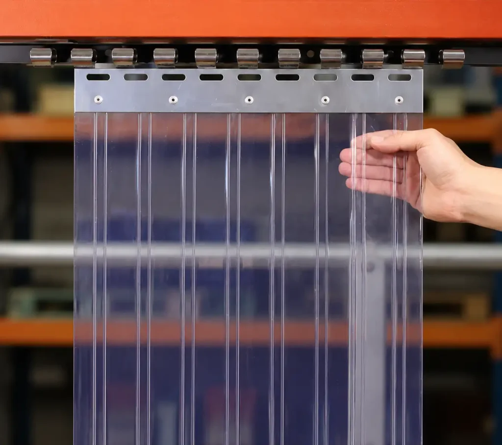 Flexible transparent PVC curtain strips for industrial use.