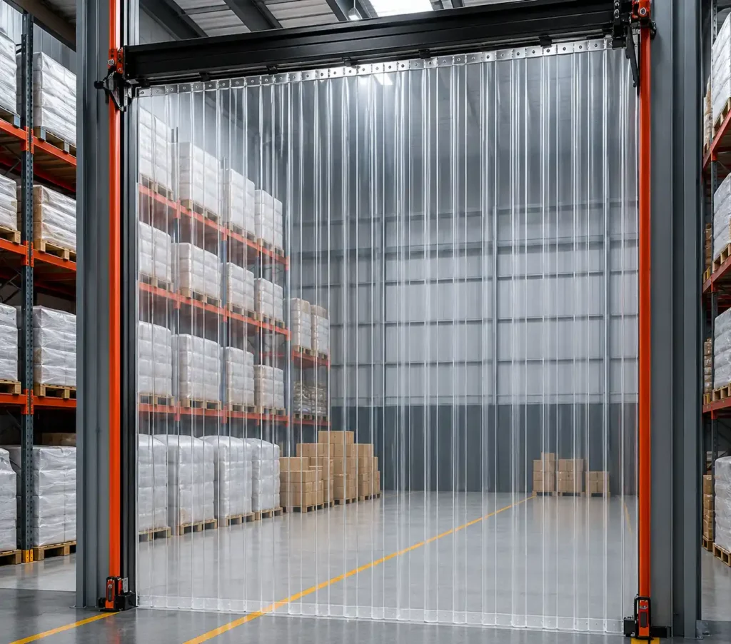 Heavy-duty transparent PVC strip curtain inside warehouse.