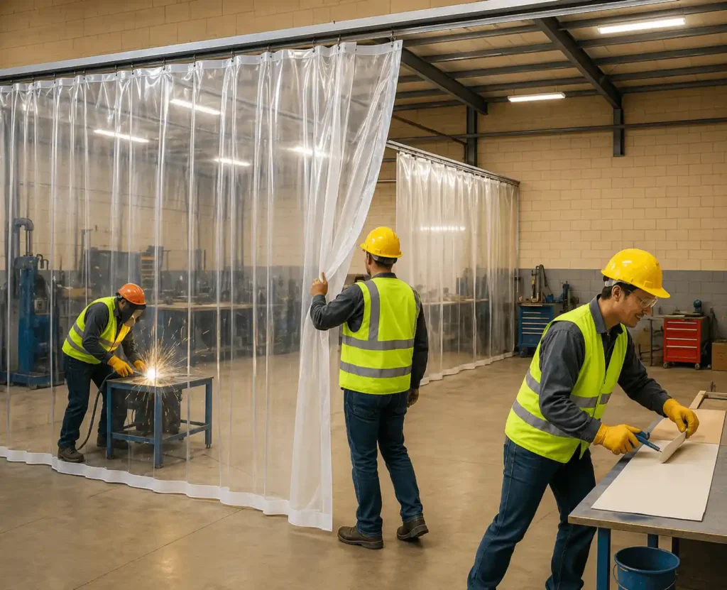 Workers installing plastic curtains in Riyadh for industrial workspace partition.