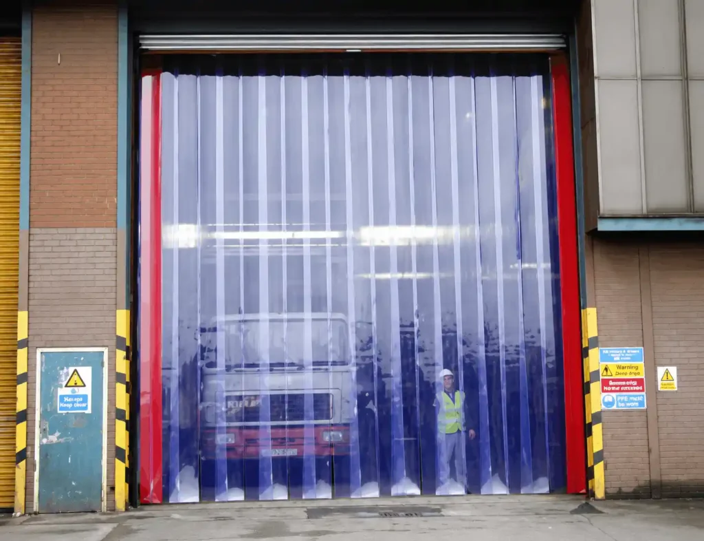 Transparent plastic curtains in Riyadh installed at industrial warehouse entrance.