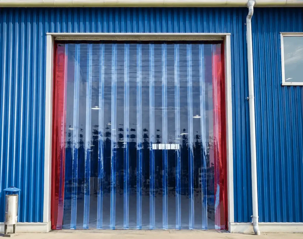 Industrial plastic curtains in Riyadh installed at commercial warehouse entrance.