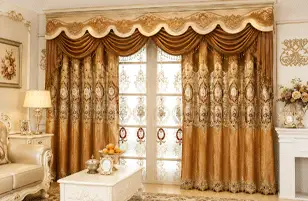 Royal golden curtain set with decorative pelmet.