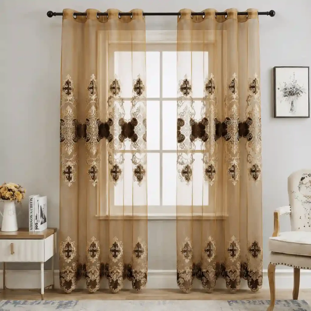 Beige embroidered sheer curtains with decorative patterns for modern interiors.