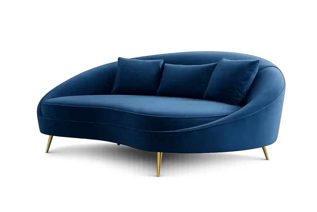 Blue curved designer sofa for modern interiors.