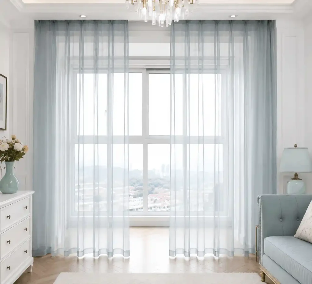 Light blue sheer curtains covering a large residential window.