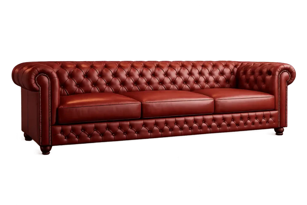Classic brown chesterfield leather sofa with deep button tufting and rolled arms.
