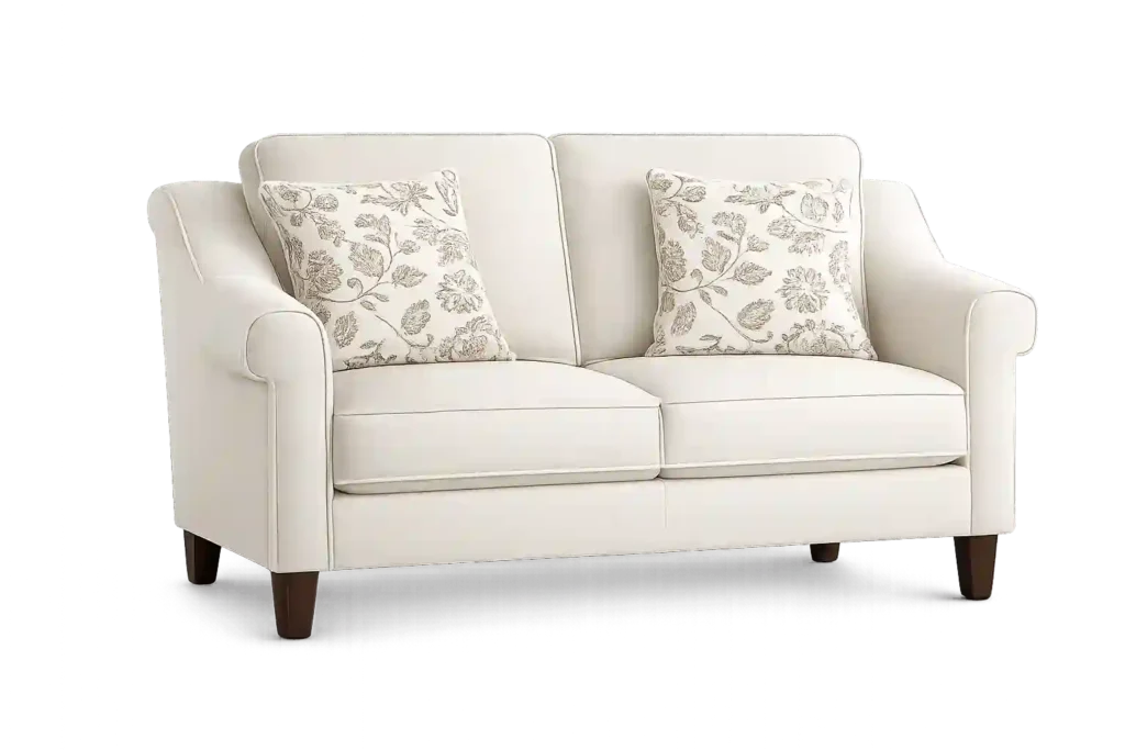 Cream-colored two seater sofa with decorative floral cushions offered by trusted 2 seater sofa suppliers in Riyadh.
