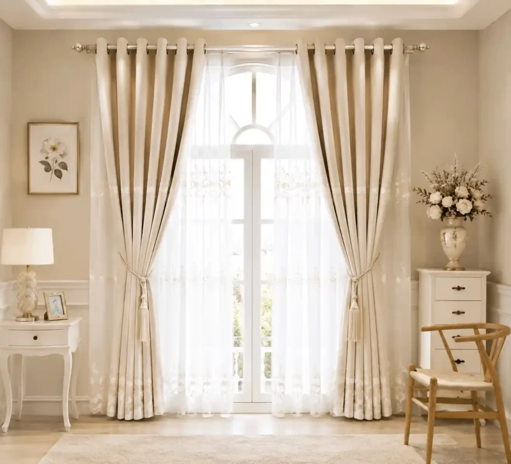 Classic drapes installed on a large window with soft natural lighting.
