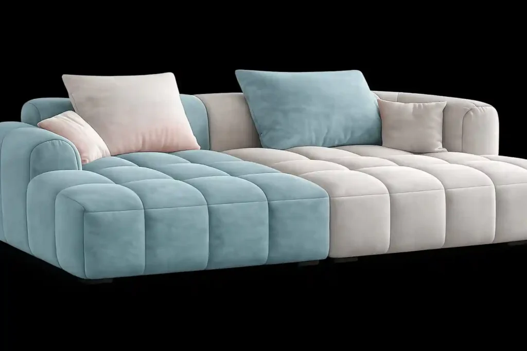 Contemporary blue and white bedroom couch with soft back cushions.
