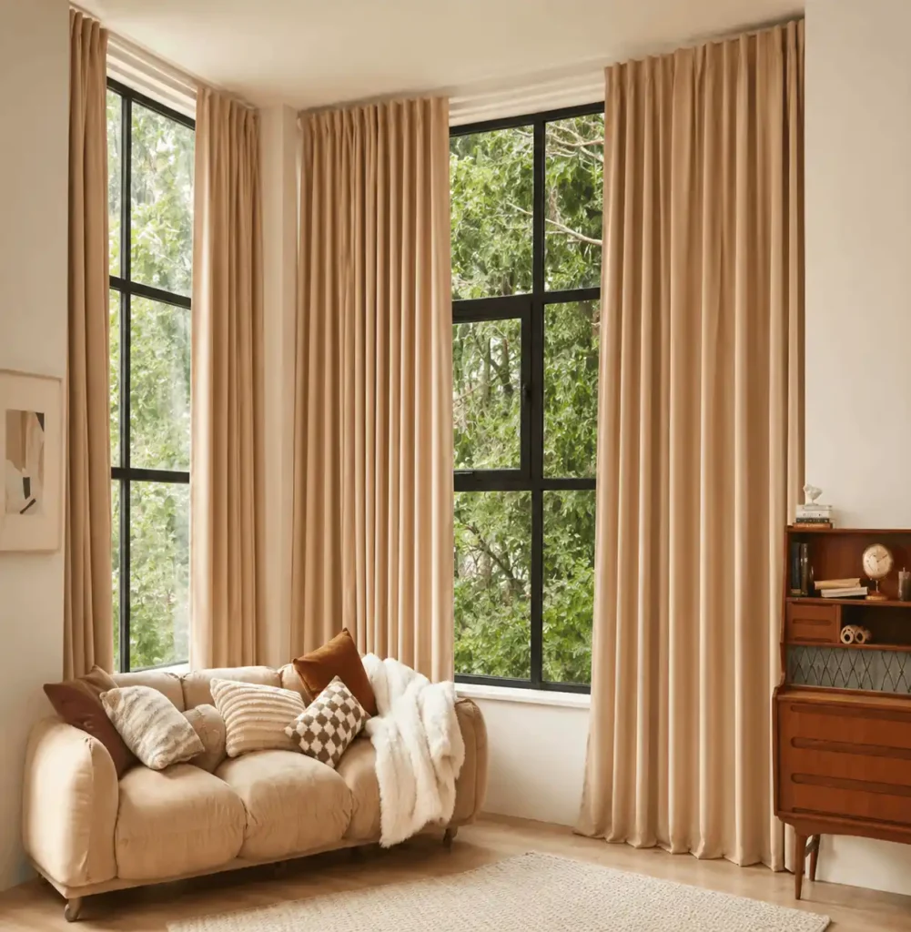 Corner window curtains installed in a bright modern living space.