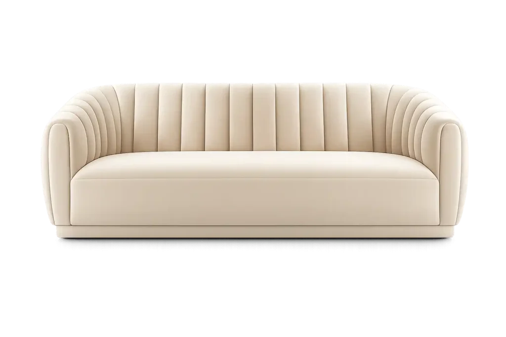 Luxury curved cream sofa with vertical channel tufting.