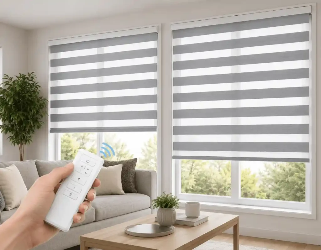 Dual shade zebra blinds installed on wide living room windows.