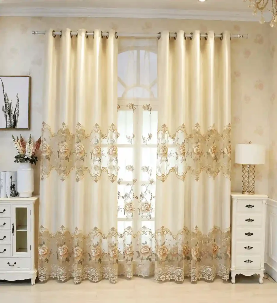 Decorative floral sheer curtains in Riyadh with embroidered patterns for privacy and natural light control.