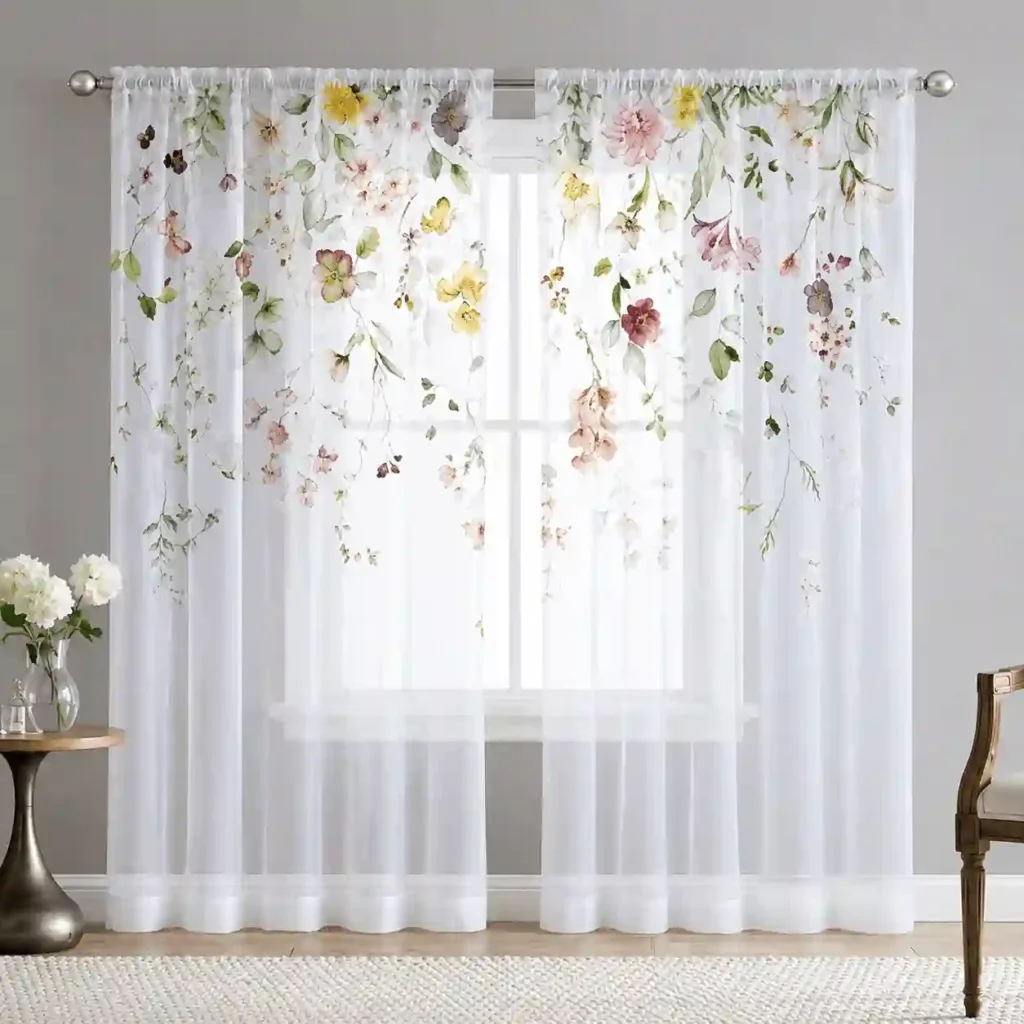 White floral sheer curtains for living room windows in Riyadh.