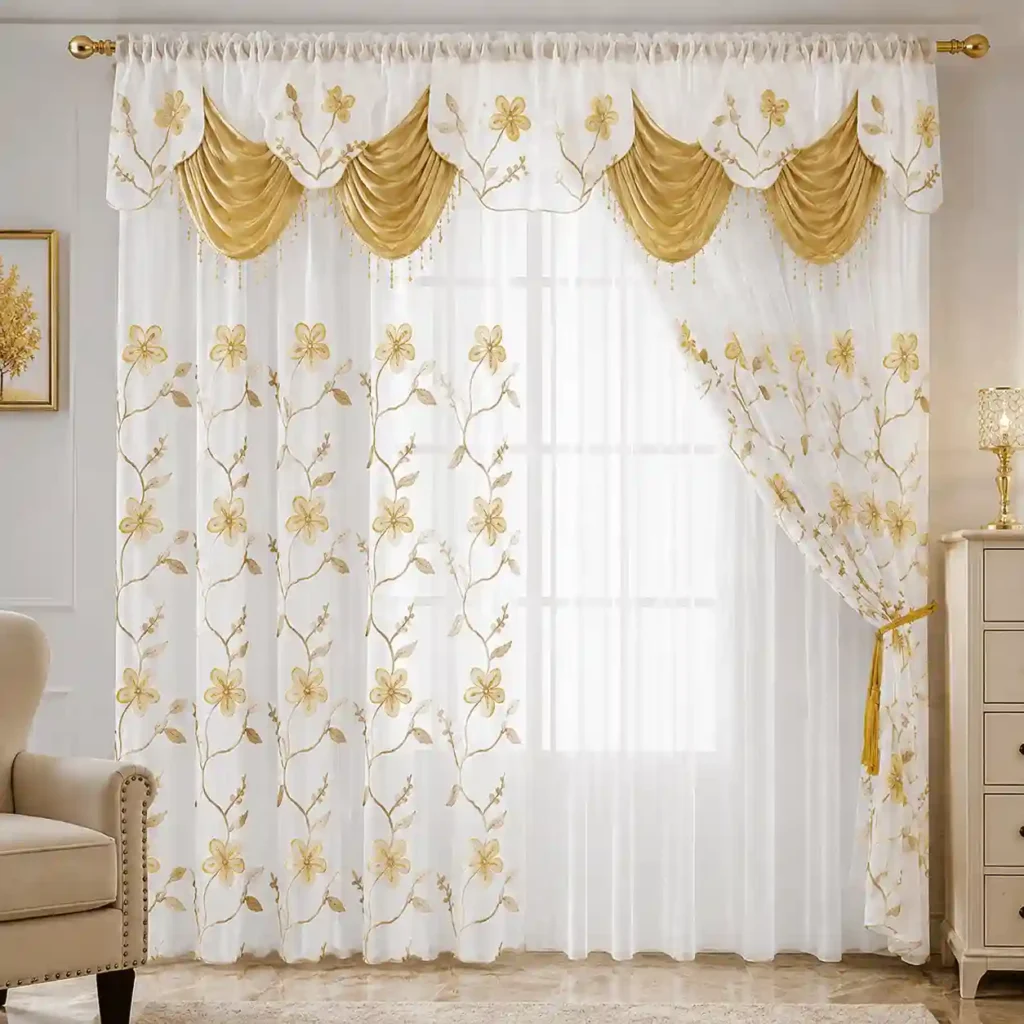 Luxury golden floral sheer curtains with decorative valance design.