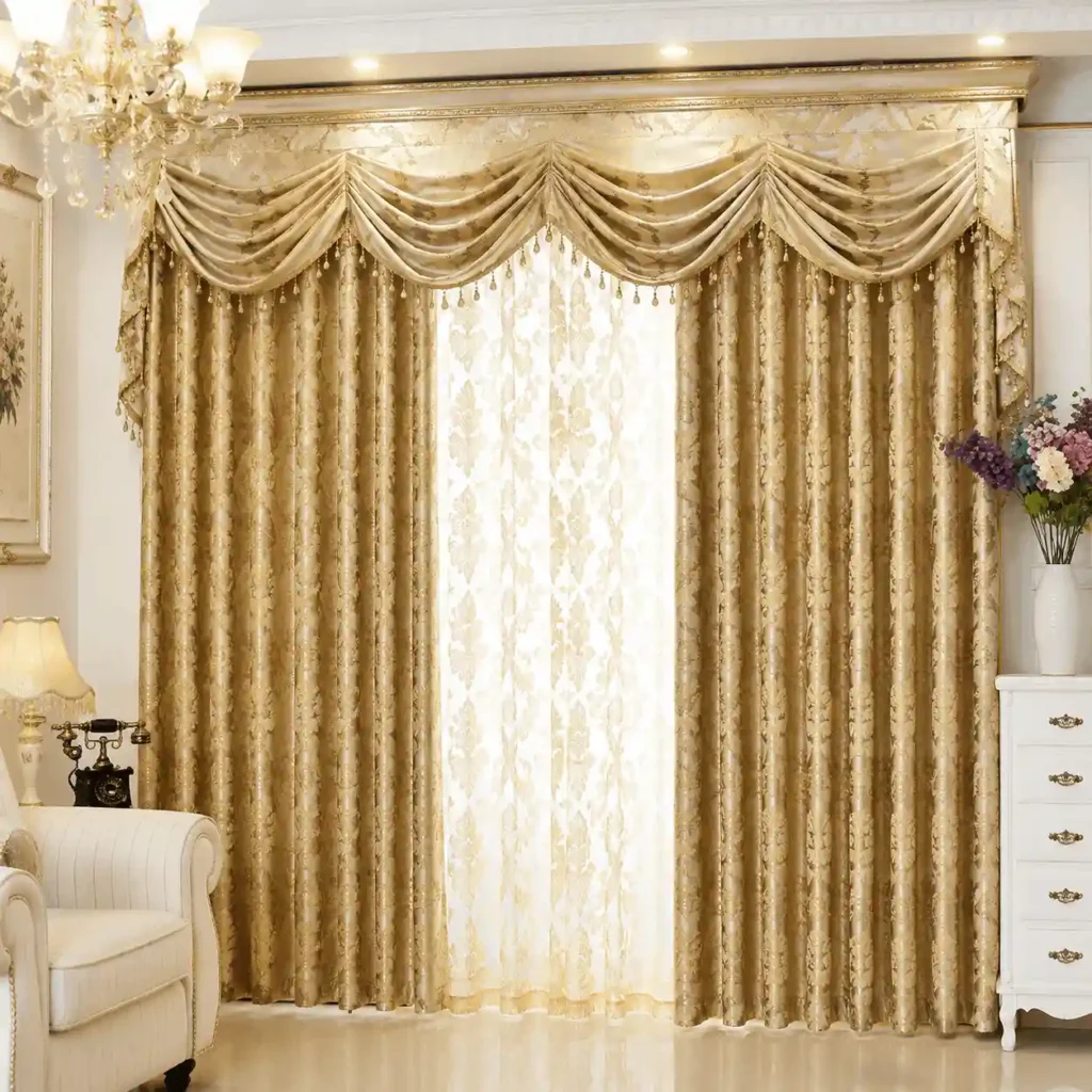 Luxury golden sheer curtains with premium pleated valance design.