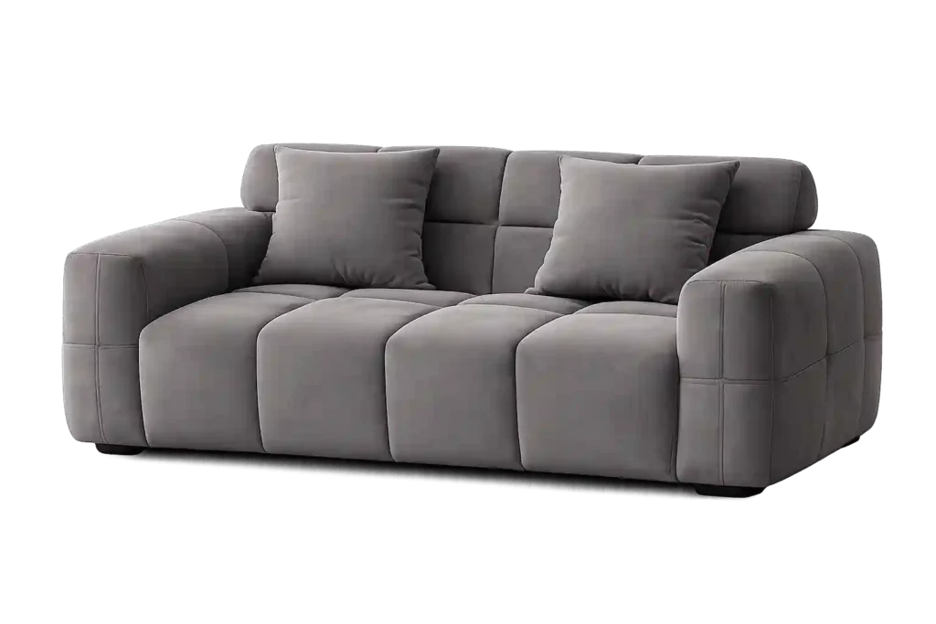 Grey cushioned 2 seater sofa for contemporary interiors.