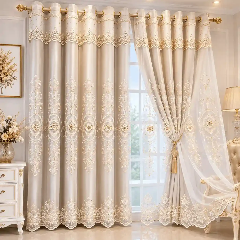 Ivory lace sheer curtains with decorative embroidery and soft fabric texture.