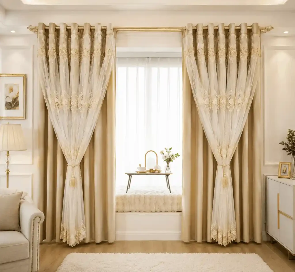 Luxury beige curtains with premium fabric and elegant pleated styling.