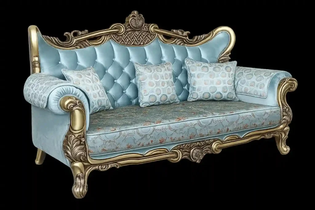 Luxury blue bedroom sofa with carved frame and decorative cushions.