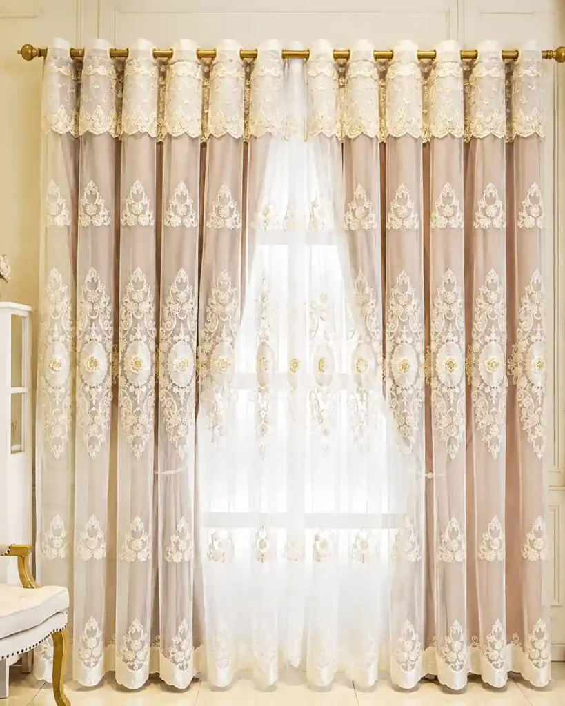 Luxury sheer curtains in Riyadh with elegant embroidery and layered window treatment for modern living rooms.