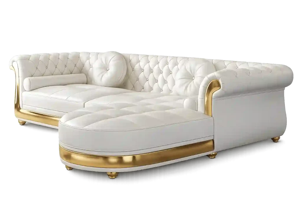 Luxury white tufted chaise sofa with gold accents and premium upholstery.