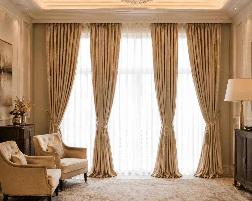 Elegant luxury window curtains installed in a modern living room, showcasing premium curtains in Riyadh for homes and villas.