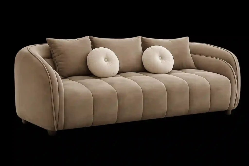 Modern beige bedroom couch with rounded armrests and soft cushions.