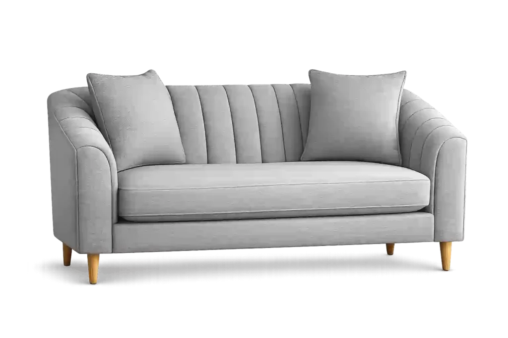 Elegant grey two seater sofa with curved armrests and soft cushions from trusted 2 seater sofa suppliers in Riyadh.
