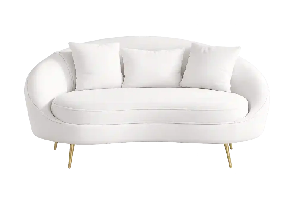 Modern curved white 2 seater sofa with soft cushions and elegant design.