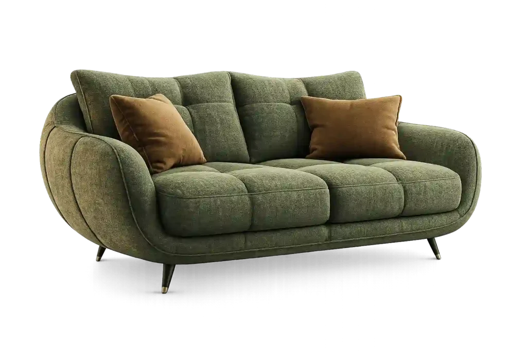 Modern green fabric couch with plush cushions and contemporary design.