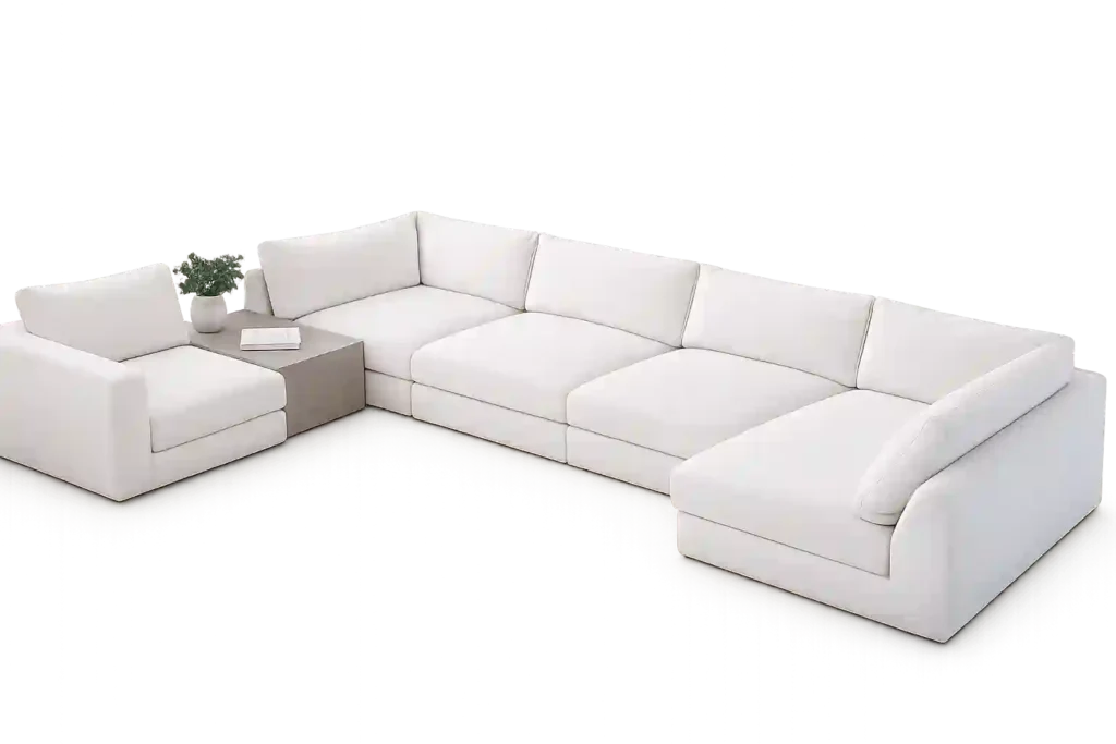 Contemporary white sectional sofa set showcasing premium seating solutions from experienced 2 seater sofa suppliers in Riyadh.
