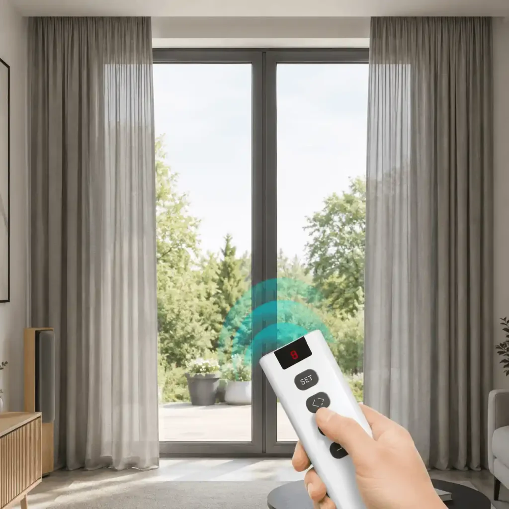 Remote-controlled motorized curtain system installed in a modern home.