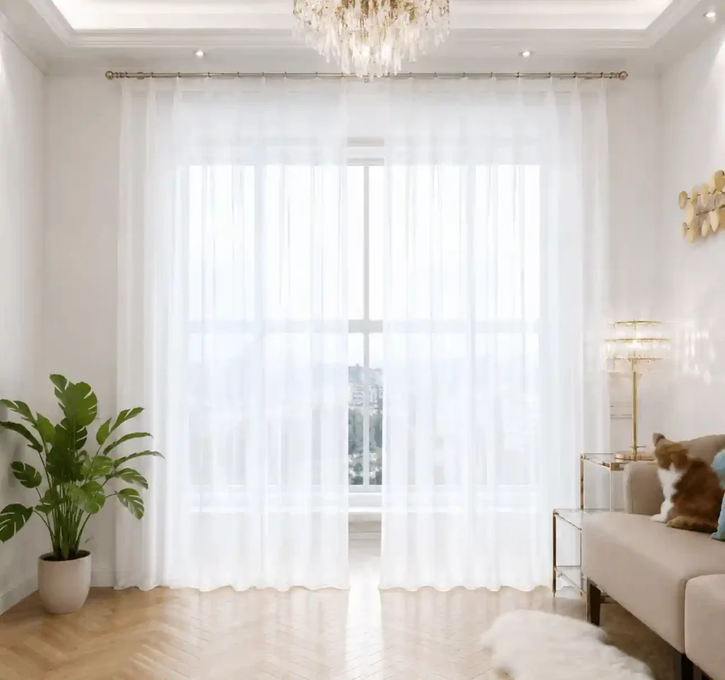Elegant sheer curtains in a bright modern living room, styled with premium curtains in Riyadh for a soft and luxurious interior look.