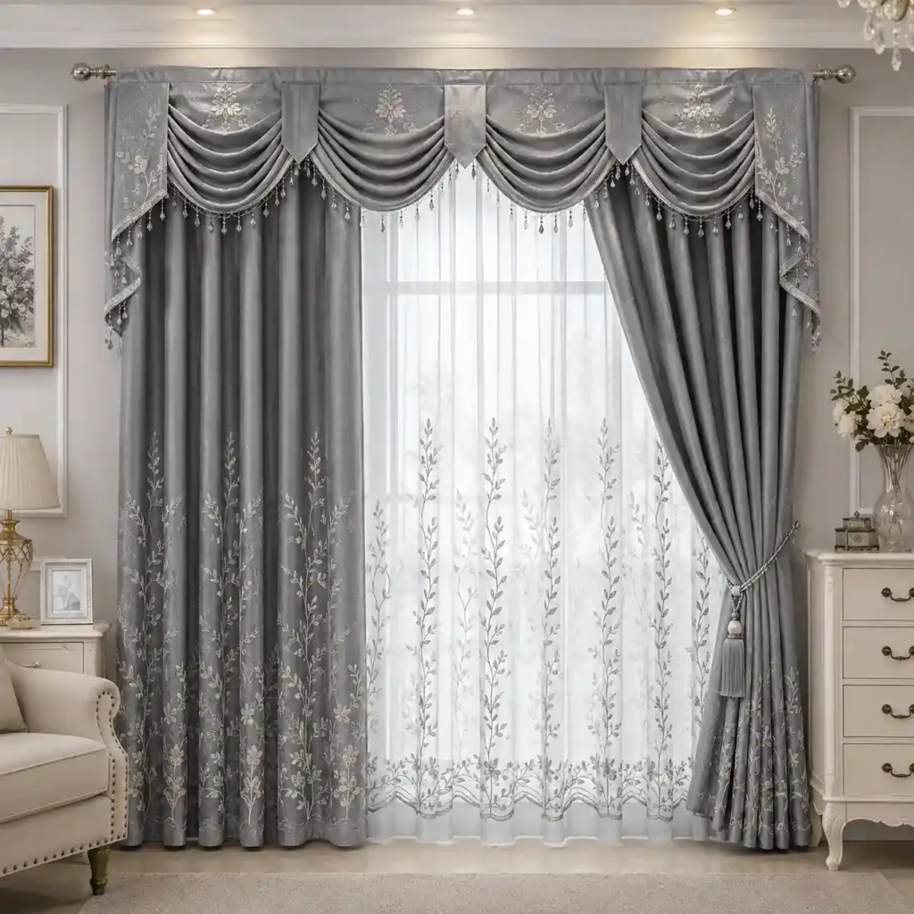 Silver grey sheer curtains for stylish living room interiors in Riyadh.