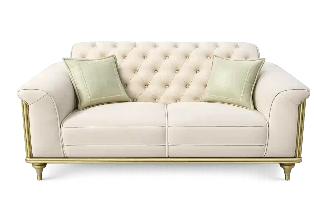 Classic tufted 2 seater sofa with decorative cushions.