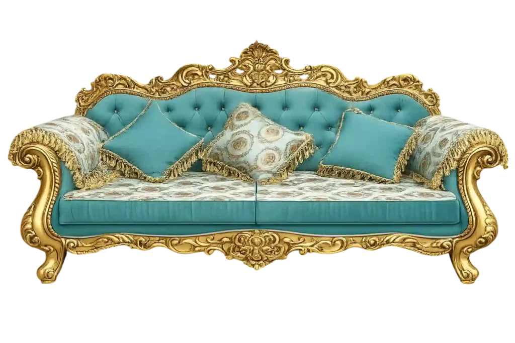 Royal turquoise sofa with decorative gold carved frame.