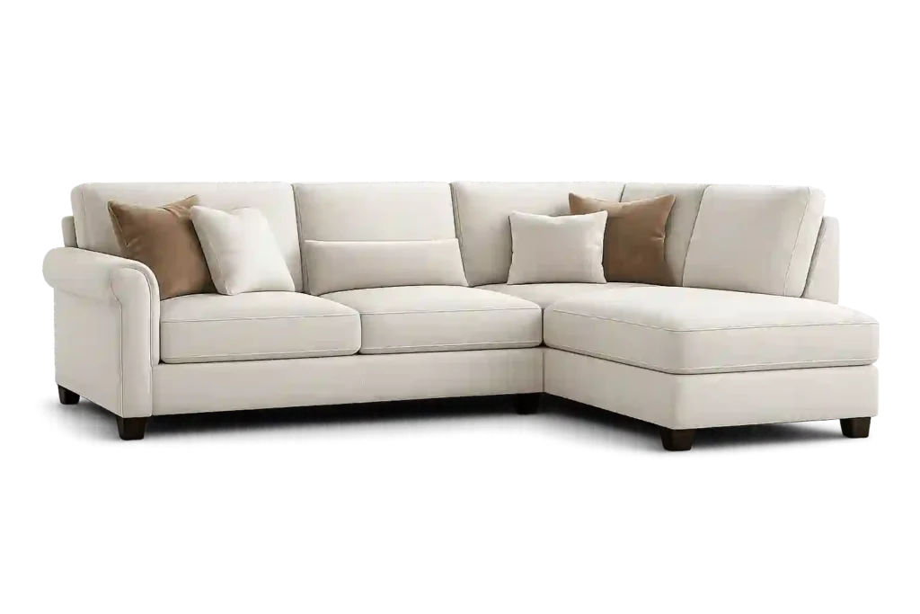White L shape sectional sofa with cushions.