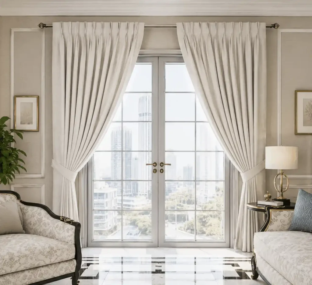White luxury curtains with decorative folds in a modern living room.