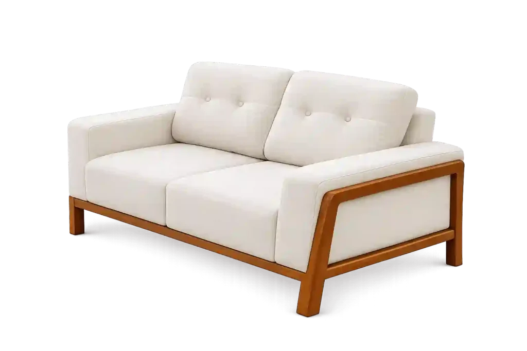 Elegant white sofa with wooden armrests available from 2 seater sofa suppliers in Riyadh.