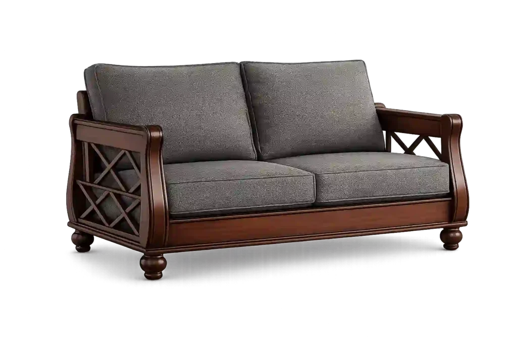 Wooden frame two seater sofa with grey cushions available from reliable 2 seater sofa suppliers in Riyadh .