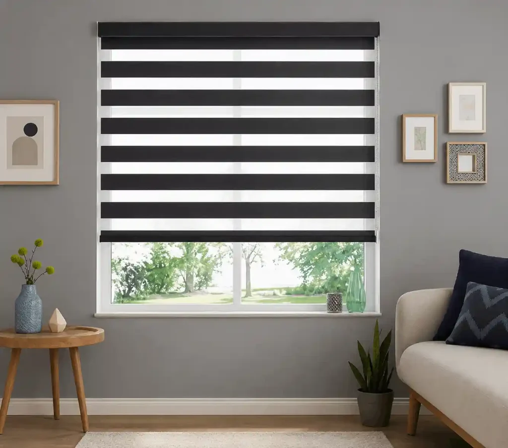 Black zebra roller blinds with adjustable light control functionality.