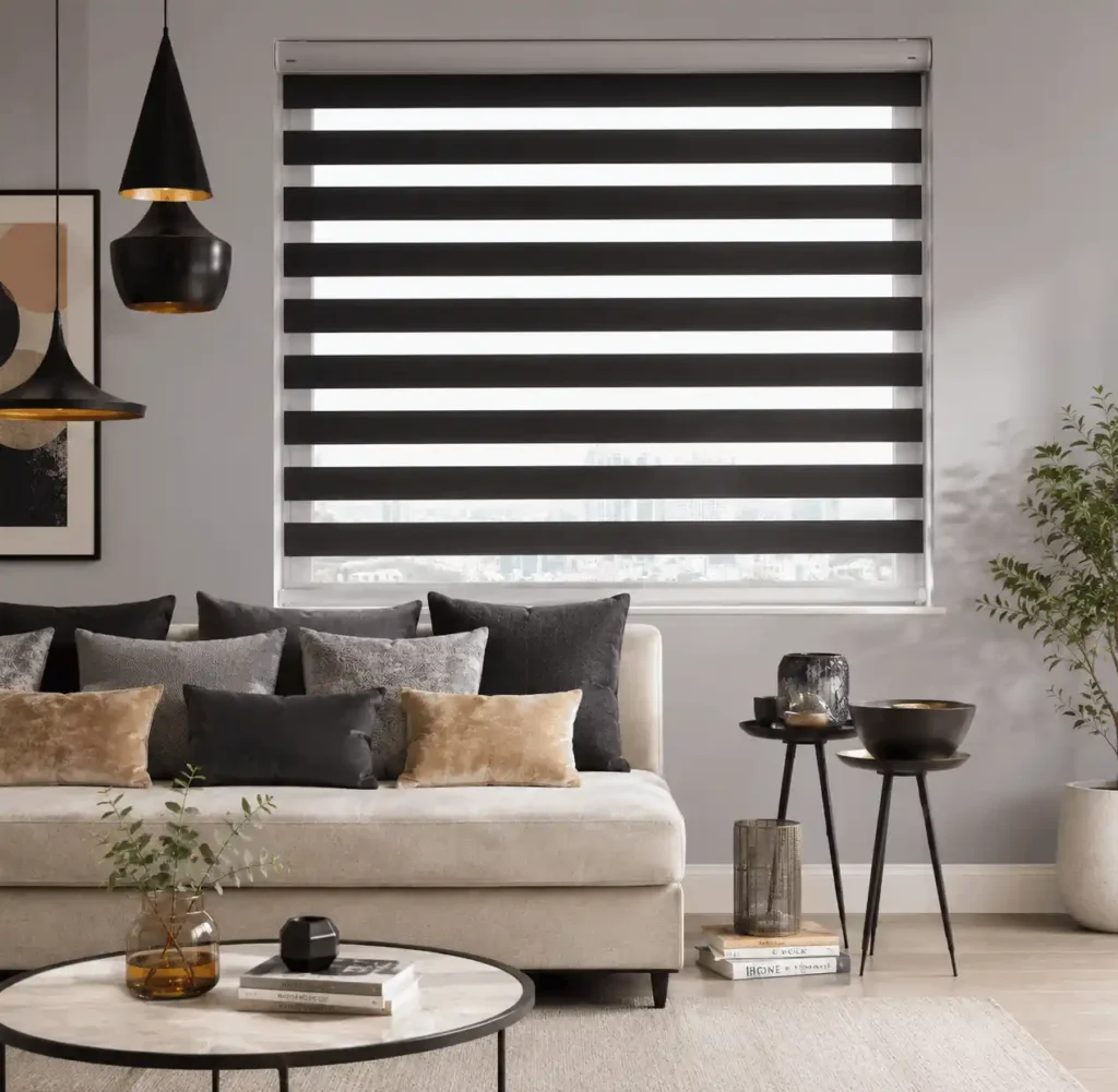 Modern black and white zebra blinds installed in a stylish living room, complementing premium curtains in Riyadh interiors.
