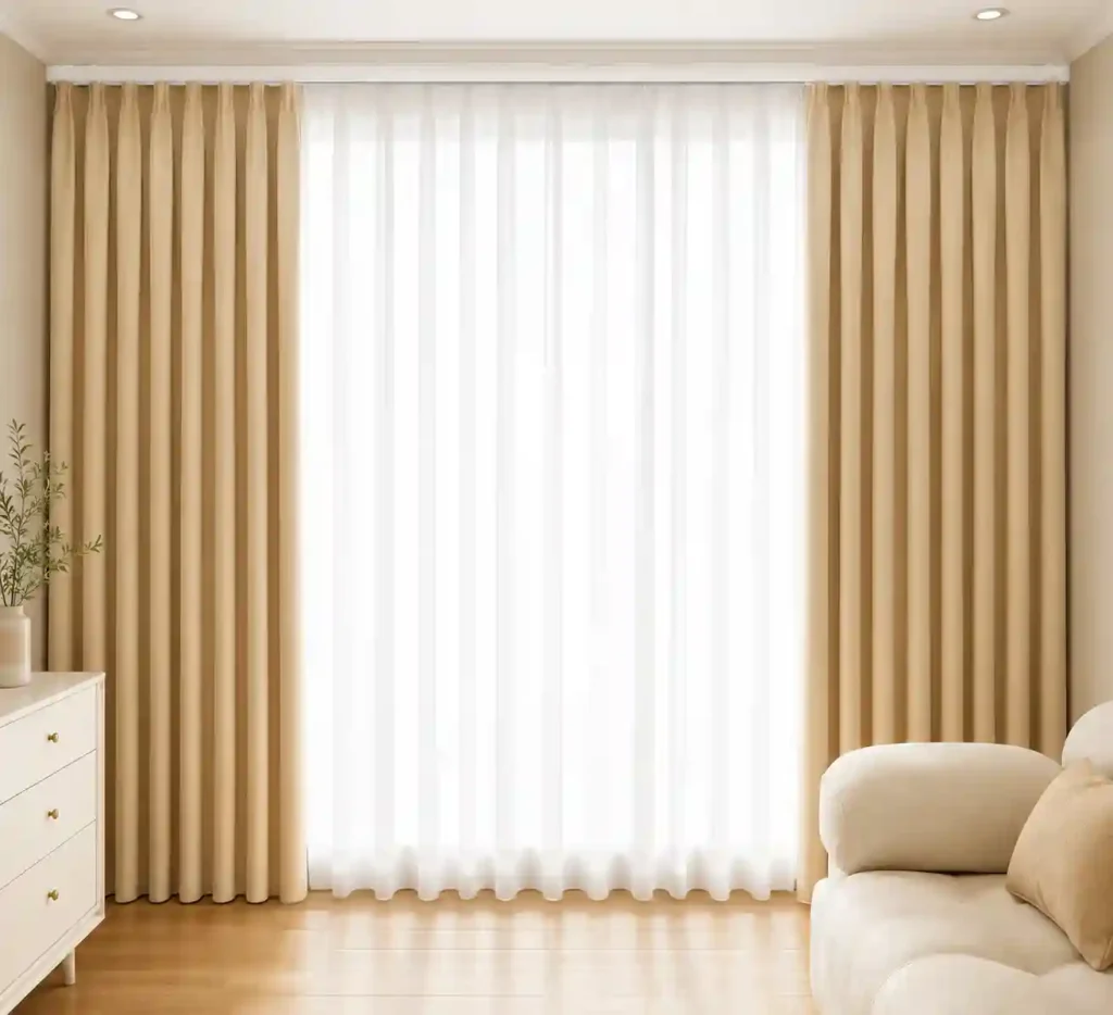 Beige blackout curtains with white sheer curtains professionally installed by trusted curtain companies in Saudi Arabia.