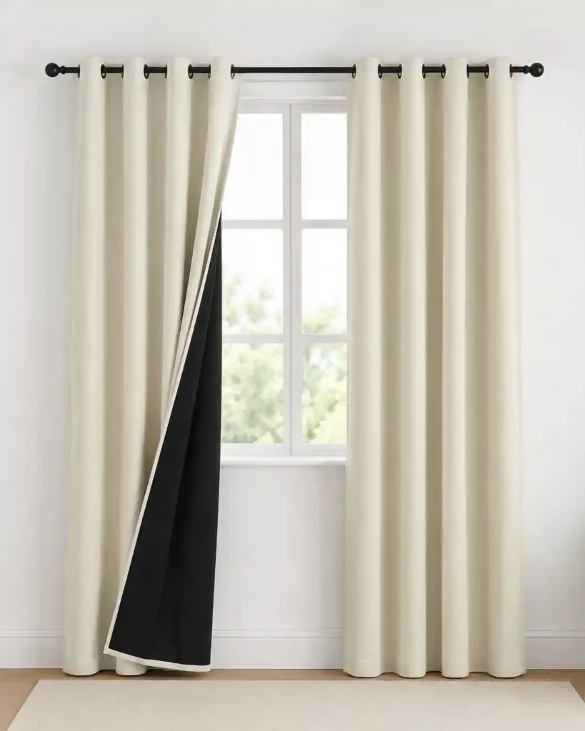 Beige dual layer curtains with dark side panel.
