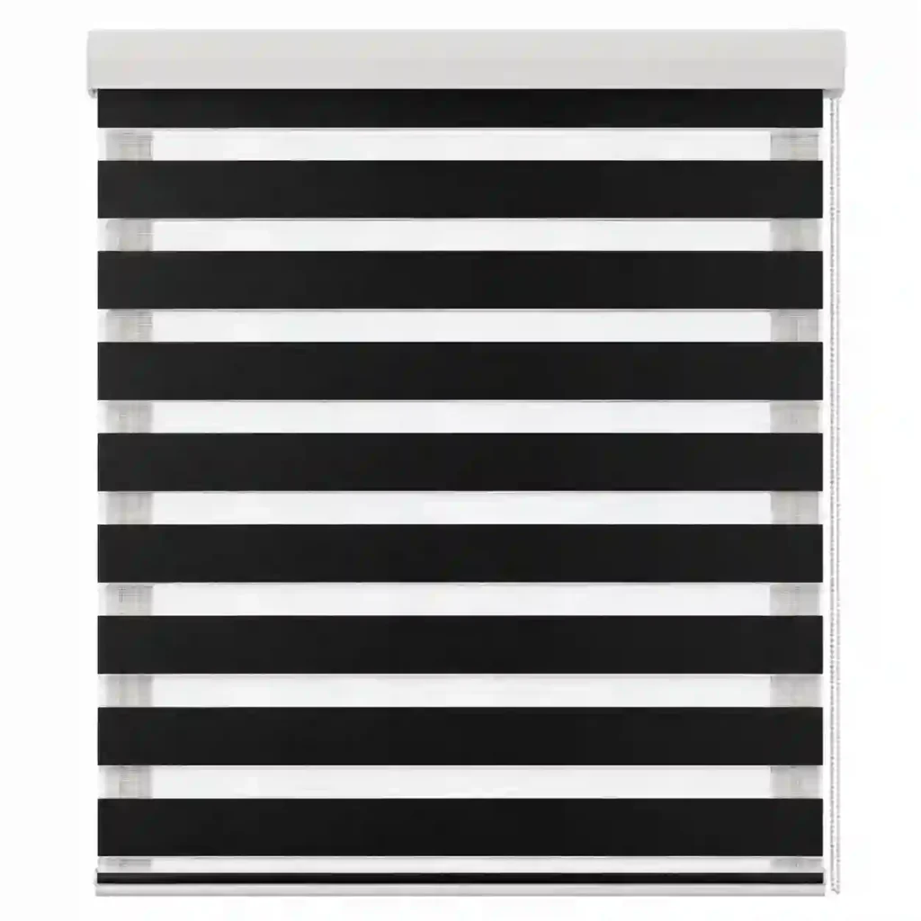 Black zebra roller blinds with adjustable privacy and light control.